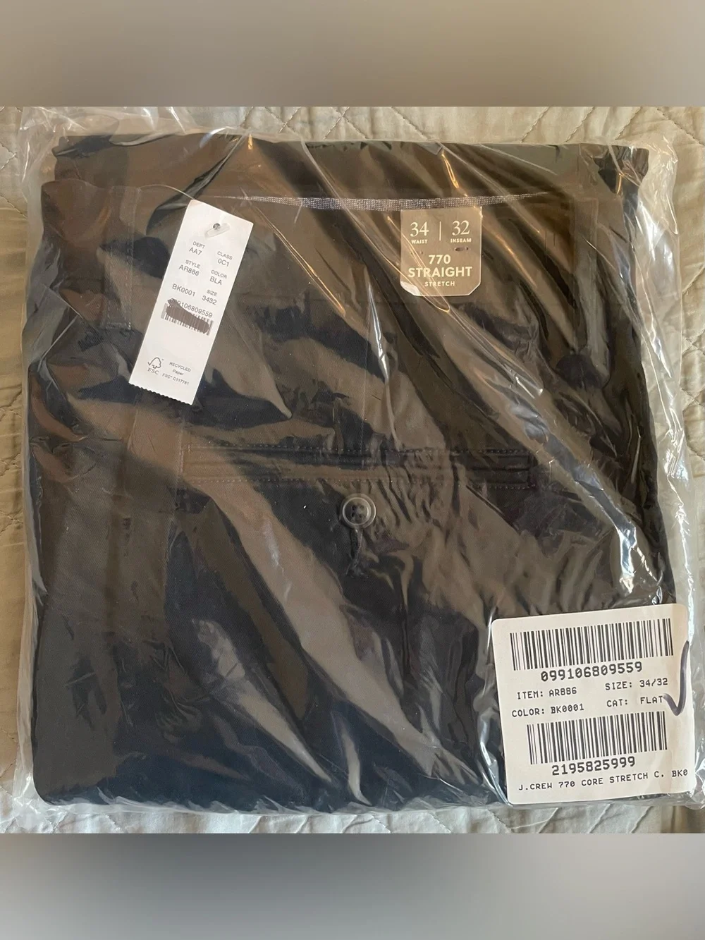 J. Crew 770M Straight-fit stretch chino pant in Black Size 34/32 NWT $98 AR886